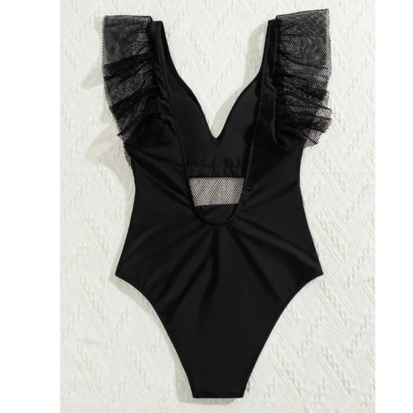 *Shein Black Contrast Mesh Ruffle One Piece Swimsuit - Picture 4 of 12